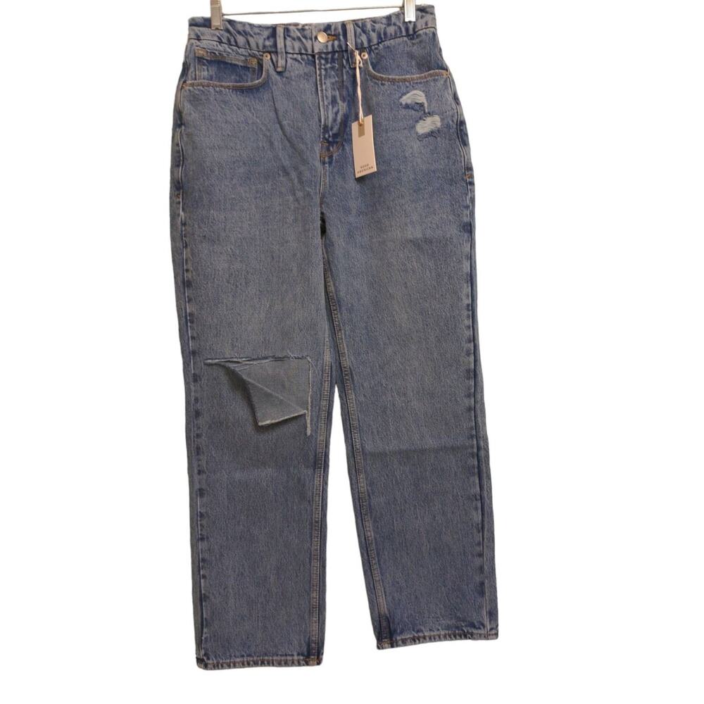 Good American 90s Duster Straight Leg Jeans Blue Distressed Pockets 6 / 28 New
